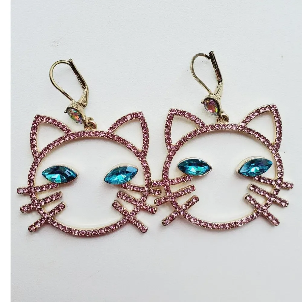 Betsey Johnson Women's Pink Stone Open Cat Face Drop Earrings Fashion Jewelry